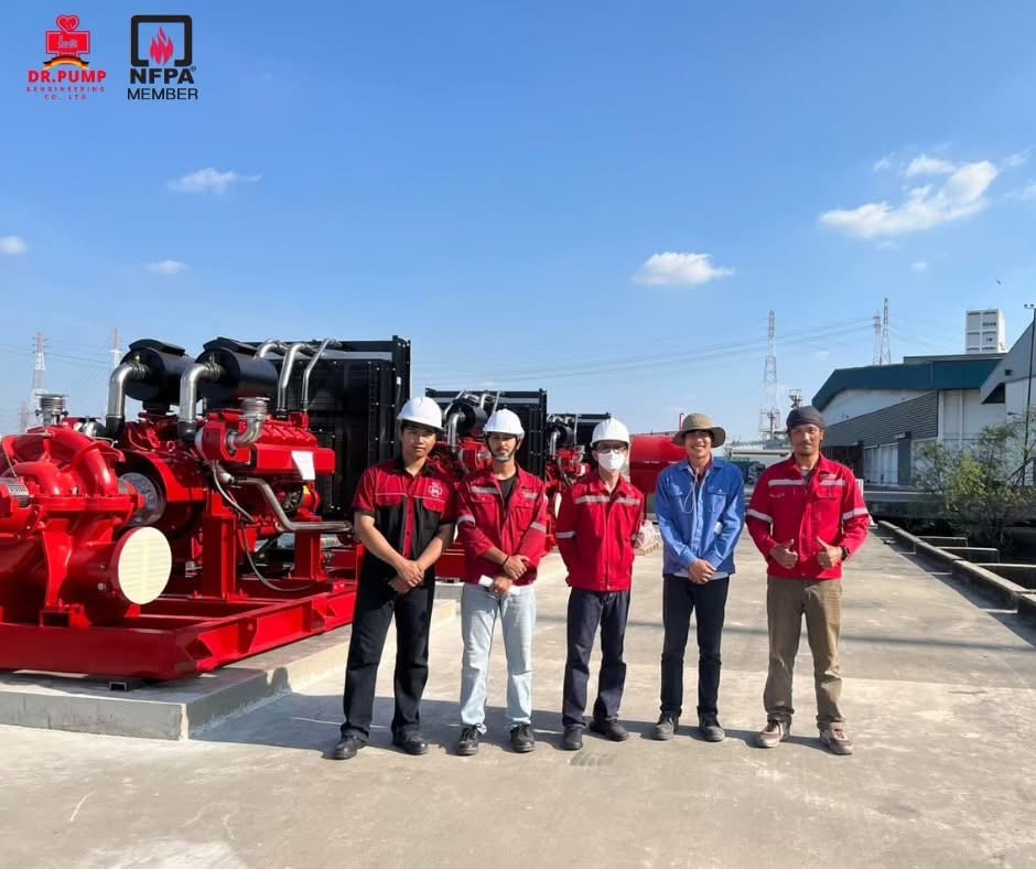 Dr. Pump service team performing fire pump installation and commissioning